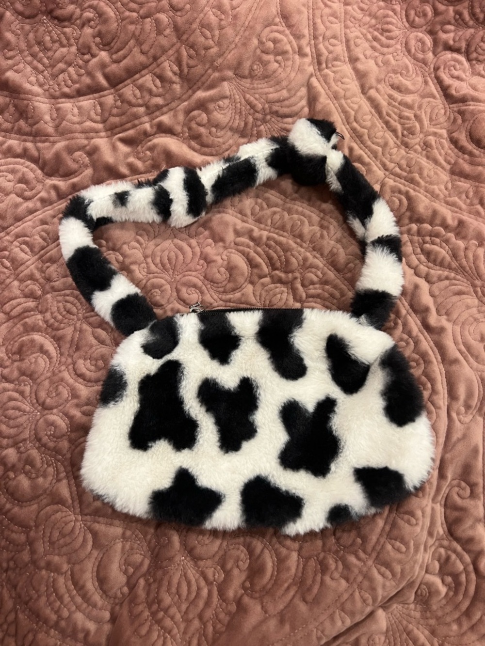 Black and White Faux Fur Cow Print Shoulder Bag